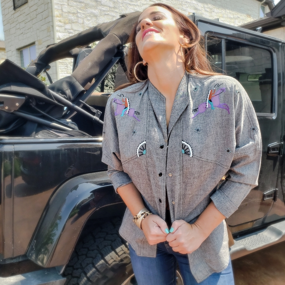 Vintage Chambray Gray Western Beaded Dolman Sleeve Blouse